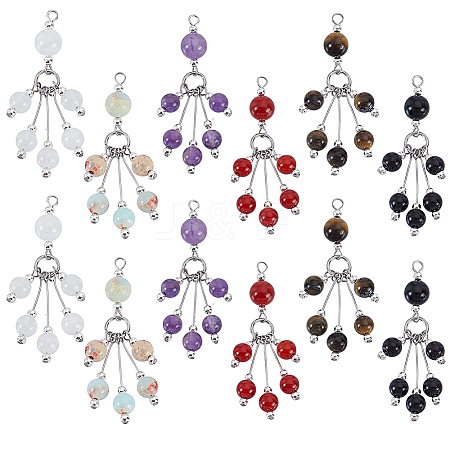 12Pcs 6 Styles Mixed Stone Round Tassel Big Pendants PALLOY-PHE00009-1