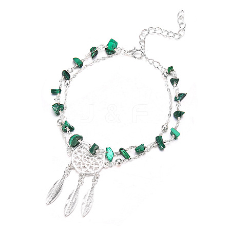Plastic Imitation Gemstone Chip Beaded Alloy Woven Web/Net with Feather Double Layer Anklets for Women FS-WG3D403-01-1
