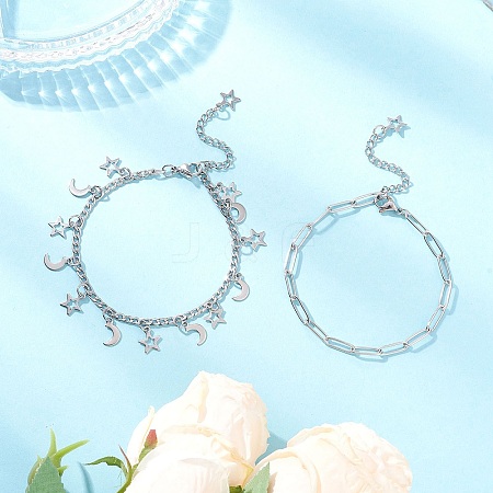 304 Stainless Steel Paperclip & Figaro Chain Bracelets for Women BJEW-JB12445-02-1