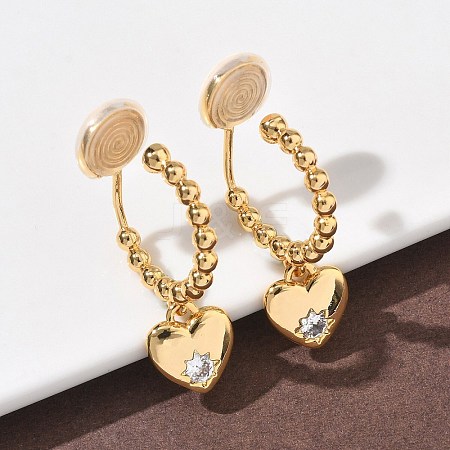 Heart Brass Micro Pave Clear Cubic Zirconia Clip-on Earrings EJEW-K286-12G-1