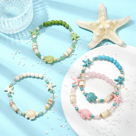 Natural Freshwater Shell & Gemstone & Synthetic Turquoise & Non-magnetic Hematite Beads Stretch Bracelets for Women BJEW-JB13810-1