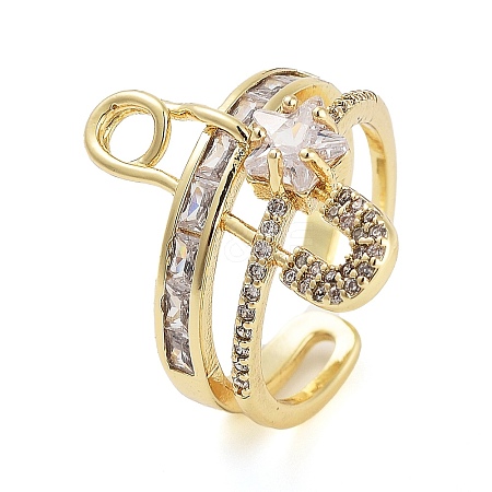 Rack Plating Brass Micro Pave Cubic Zirconia Paper Clip Open Cuff Rings for Women RJEW-C080-02G-1