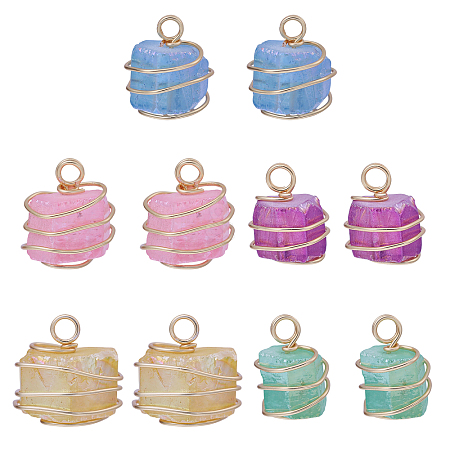 10Pcs 5 Colors Electroplated Natural Quartz Copper Wire Wrapped Pendants PALLOY-CA00020-1
