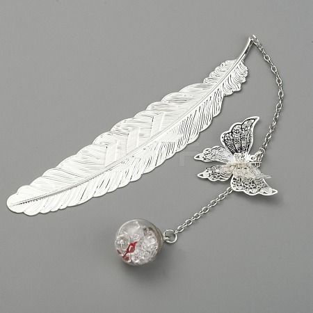 Silver Tone Brass Feather Bookmarks AJEW-WH0020-55S-01-1