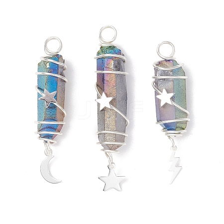 3Pcs 3 Styles Electroplated Natural Quartz Crystal Pointed Copper Wire Wrapped Pendants PALLOY-JF03767-01-1