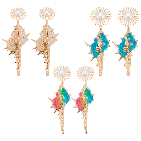 3 Pairs 3 Colors Golden Alloy Sun with Shell Shape Dangle Stud Earrings EJEW-AN0004-40-1