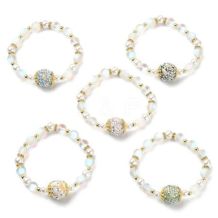 Synthetic Moonstone & Hematite & Plastic Imitation Pearl Beaded Stretch Bracelet BJEW-JB09504-1