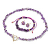 Naturl Amethyst Chip with 304 Stainless Steel Beaded Necklace & Braided Bead Bracelet & Star Stud Earring FS-WG0BBF5-01-2