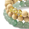 3Pcs 3 Style Natural Green Aventurine & Glass & Wood Stretch Bracelets Set with Brass Tree Charm BJEW-JB08352-6