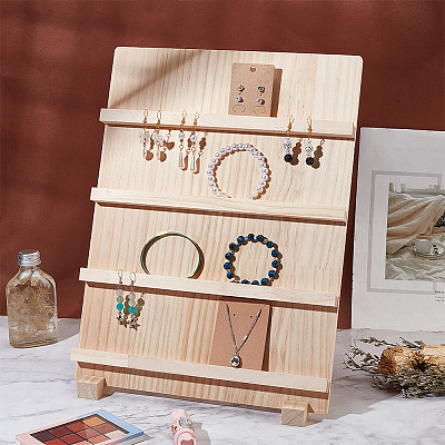 4-Tier Natural Pine Wooden Earring Display Stands EDIS-WH0022-01-1