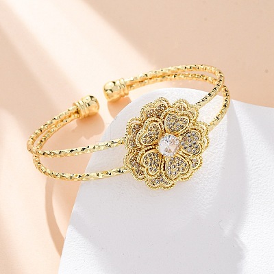 Brass Micro Pave Clear Cubic Zirconia Cuff Bangles for Women BJEW-U025-08G-1