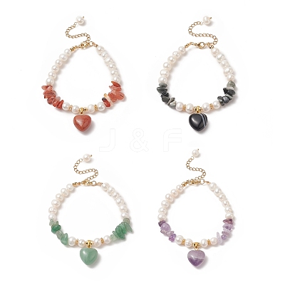 4Pcs 4 Style Natura Mixed Gemstone & Shell Beaded Bracelets Set with Heart Charms for Women BJEW-TA00242-1