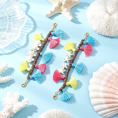 Natural Coconut & Polycotton Tassel & Synthetic Turquoise Pendant Decorations HJEW-JM03669-1