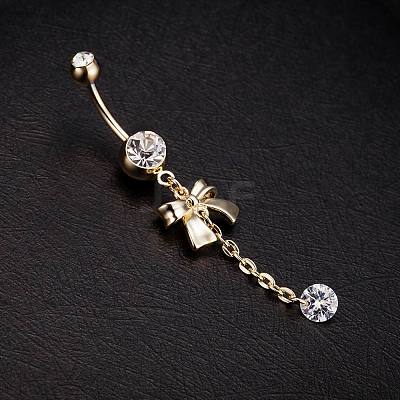 Piercing Jewelry Real 18K Gold Plated Brass Rhinestone Bowknot Navel Ring Belly Rings AJEW-EE0001-67-1