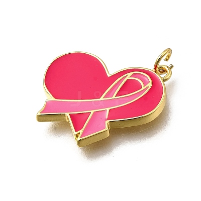 October Breast Cancer Pink Awareness Ribbon Brass Enamel Pendants LS-KK-G525-10G-05-1