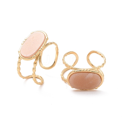 Ion Plating(IP) Natural Gemstone Oval Open Cuff Ring RJEW-G265-05G-1