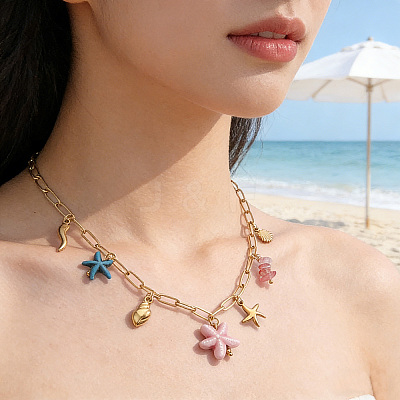 304 Stainless Steel Starfish & Shell & Conch Pendant Necklaces NJEW-N063-01G-1