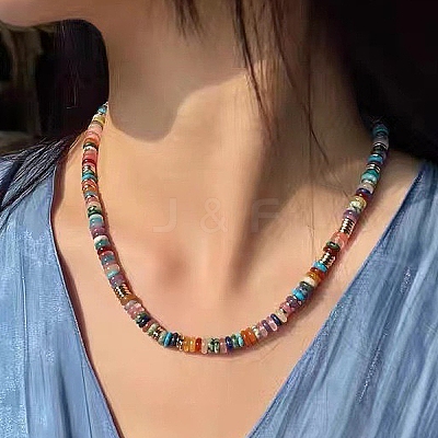 Natural & Synthetic Mixed Gemstone Disc Heishi Beaded Necklaces for Women IG0638-1-1