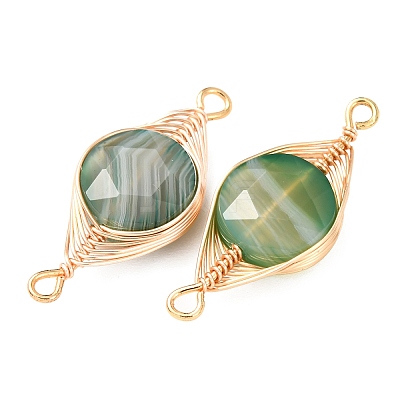 Dyed Natural Green Agate Faceted Hexagonal Cut Flat Round Links Connector Charms with Copper Herringbone Wire-Wrapped KK-Z152-07G-07-1