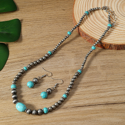 Synthetic Turquoise & CCB Plastic Round Beaded Necklaces & Dangle Earrings Sets WG1B28D-01-1