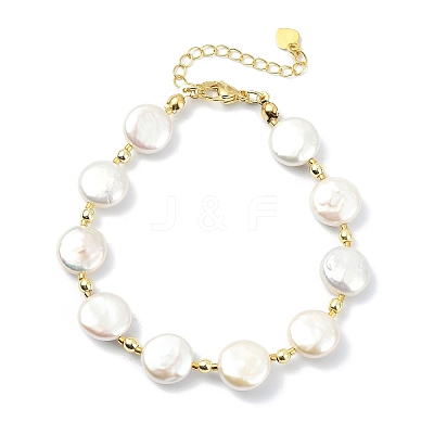 Natural Keshi Pearl Flat Round Beaded Bracelets for Women BJEW-JB13621-1