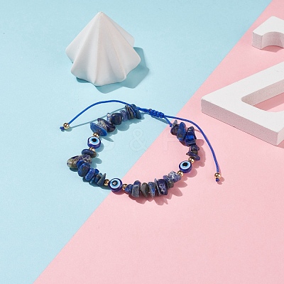 Natural Lapis Lazuli Chips & Resin Evil Eye Braided Bead Bracelet BJEW-JB08495-03-1