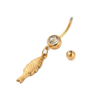 304 Stainless Steel Crystal Rhinestone Carved Barbell Dangle Belly Rings STAS-C147-18B-G-1