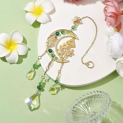 Glass Beads Wire Wrapped Stainless Steel Moon Mushroom Hanging Ornaments HJEW-TA00211-1