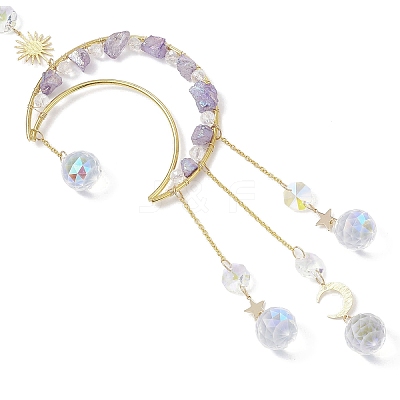 Nuggets Natural Quartz & Brass Moon Hanging Suncatchers HJEW-JM04253-01-1