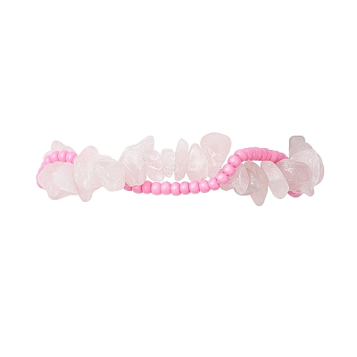 Handmade Glass Seed & Natural Rose Quartz Chip Beads Braided Bead Bracelets BJEW-MZ00250-03-1