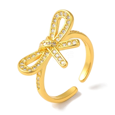 Bowknot Brass Micro Pave Clear Cubic Zirconia Open Cuff Rings for Women RJEW-C098-27G-1