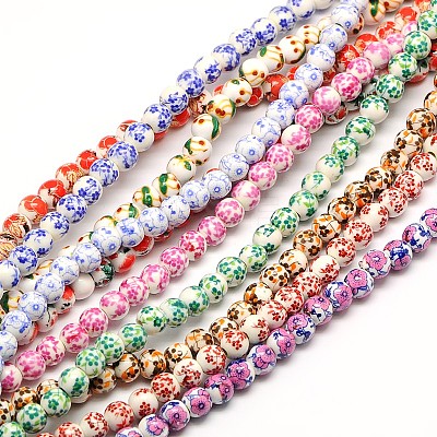 Handmade Flower Printed Porcelain Ceramic Beads Strands PORC-M005-6mm-M-1