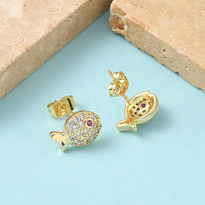 Fish Brass Micro Pave Clear Cubic Zirconia Stud Earrings EJEW-Z144-17G-1