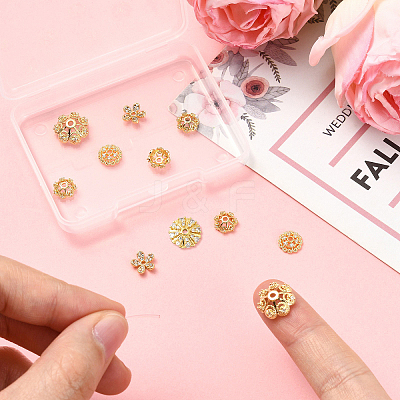 10Pcs 5 Styles Rack Plating Flower Brass Micro Pave Clear Cubic Zirconia Bead Caps KK-CJ0002-73-1