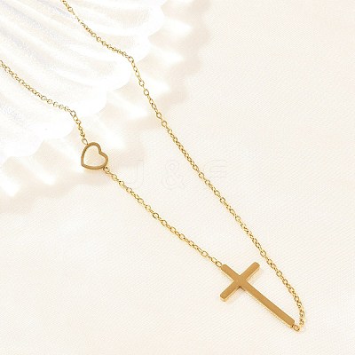Religion 304 Stainless Steel Heart Cross Link Chain Necklaces NJEW-H093-03G-1