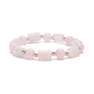 Natural Rose Quartz Column & Round Stretch Bracelet for Women BJEW-JB09351-05-1