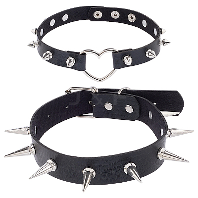 2Pcs 2 Styles Adjustable Gothic PU Leather Alloy Heart Spike Rivet Choker Necklaces for Women NJEW-CL0001-16-1