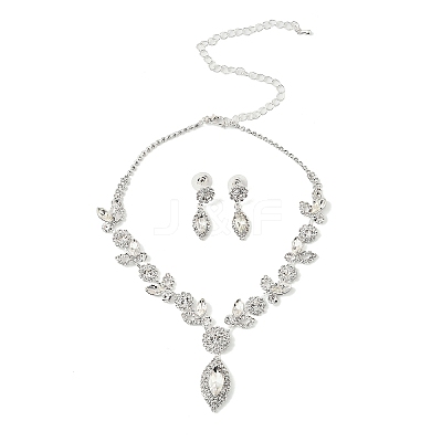 Leaf Brass Rhinestone Stud Earrings & Pendant Necklaces Set for Women SJEW-M102-01S-1