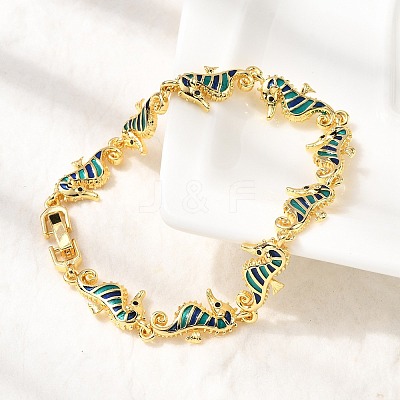 Brass Enamel Turquoise Sea Horse Link Chain Bracelets LS-BJEW-C118-03G-1