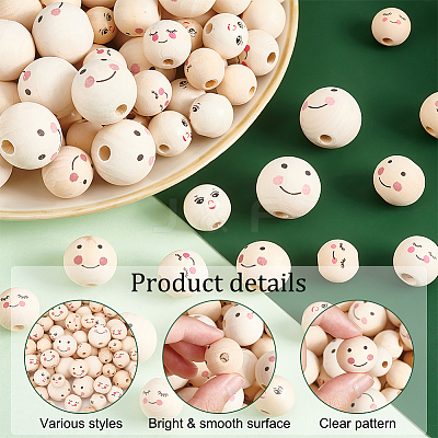 120Pcs 6 Styles Printed Natural Wood European Beads WOOD-PH0002-58-1