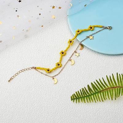 Glass Seed Braided Flower Multi-strand Bracelet BJEW-SW00069-01-1
