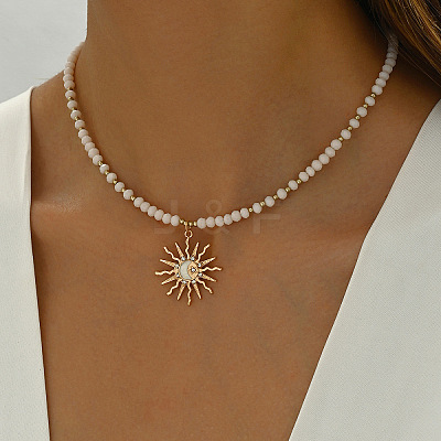 Glass and CCB Plastic Beaded Alloy Pendant Necklace FS-WG08D0F-03-1-1