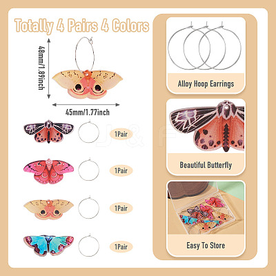 4 Pairs 4 Colors Butterfly Alloy & Acrylic Hoop Earrings EJEW-TA0001-88A-1