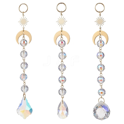 3Pcs Glass Teardrop Round Leaf Hanging Suncatchers Sets HJEW-JM04603-01-1