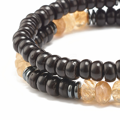 2Pcs 2 Style Coconut & Natural Larvikite & Watermelon Stone Glass Stretch Bracelets Set BJEW-JB07832-1