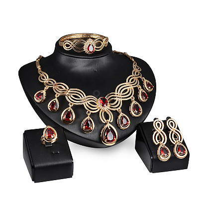 Teardrop Alloy Rhinestone Pendant Necklaces & Stud Dangle Earrings & Bangles & Rings Sets FS-WGBA23F-01-1