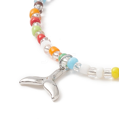 Colorful Seed Beaded Stretch Bracelet with Brass Charms for Women BJEW-JB09218-04-1