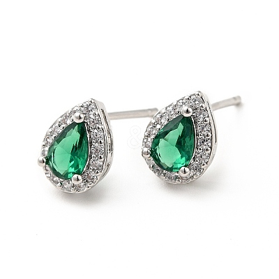 Green Cubic Zirconia Teardrop Stud Earrings EJEW-F288-20P-1
