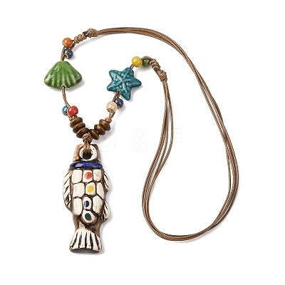Ceramic Fish Pendant Adjustable Waxed Cord Necklaces for Women LS-NJEW-B146-05-1