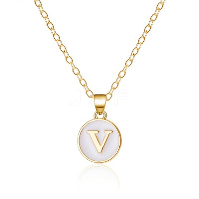 Alloy White Enamel Flat Round with Letter Pendant Necklaces FS-WG63565-22-1